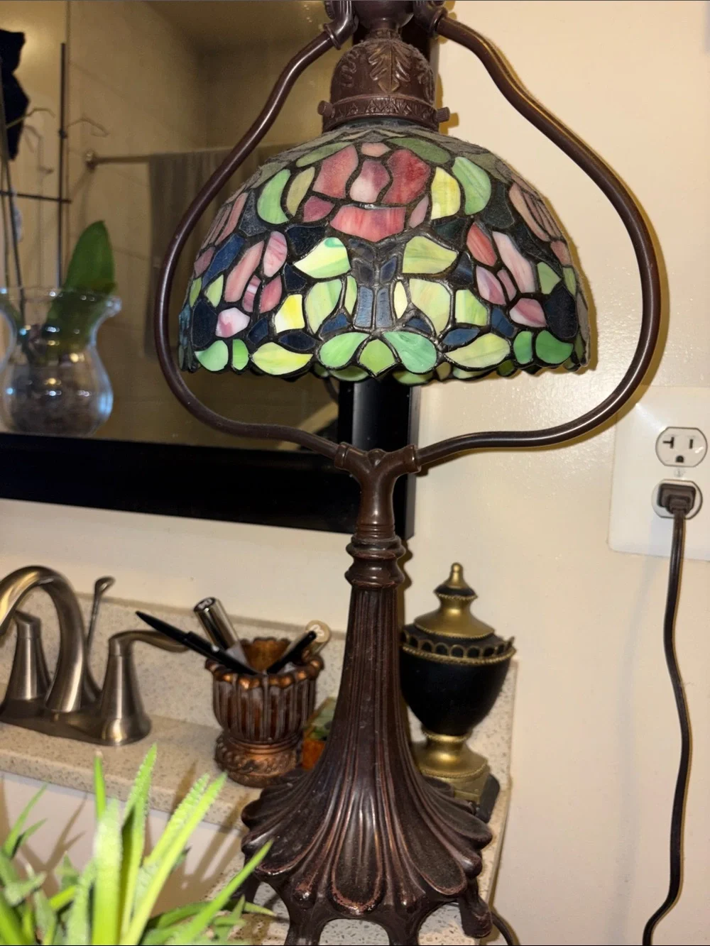 Mosaic Stained Glass Lamp with Pink, Green & Blue Shade